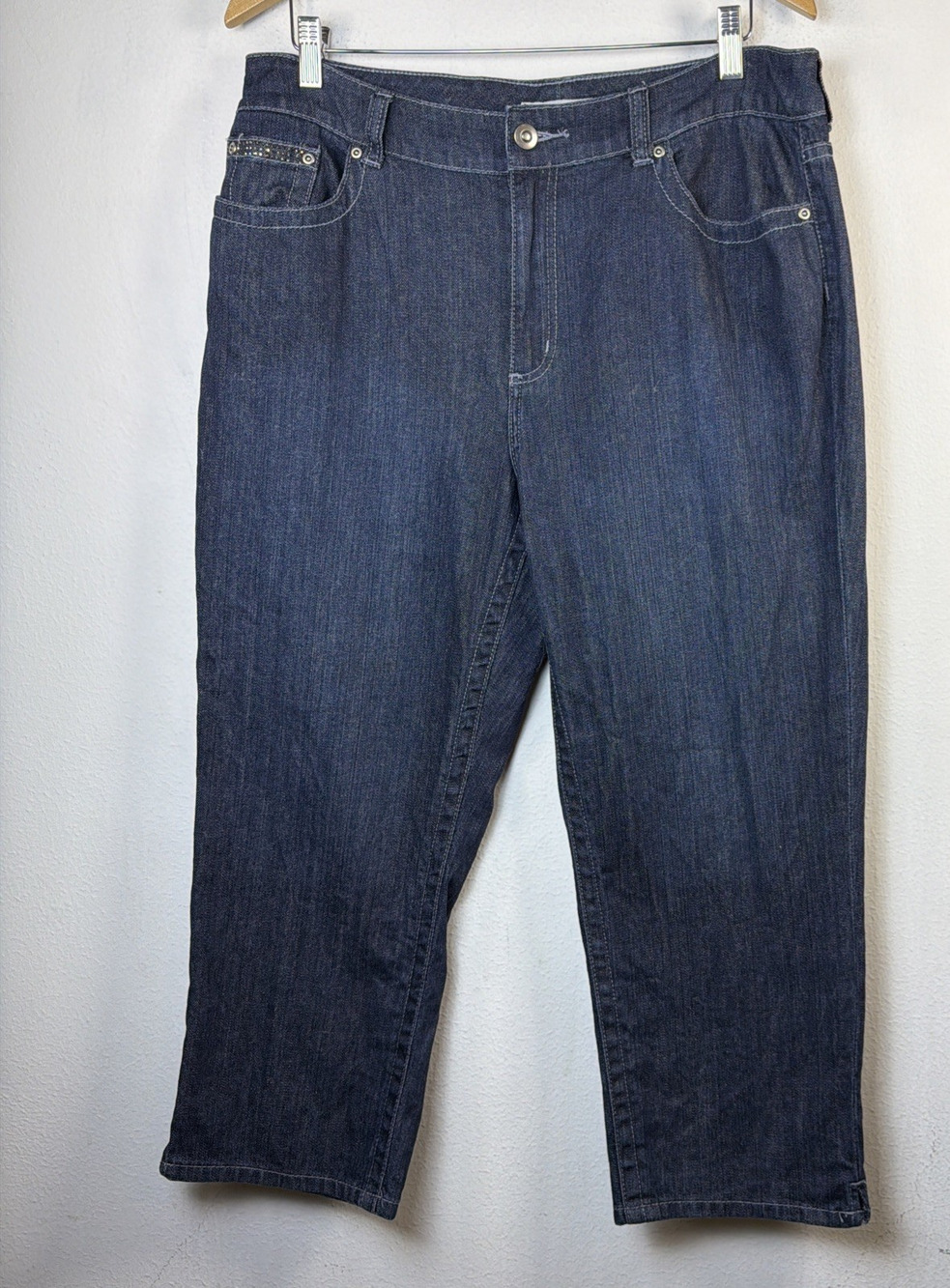 Chico’s Large 14 Blue Women’s Denim Jeans Rhinestones platinum 80's sandra crop